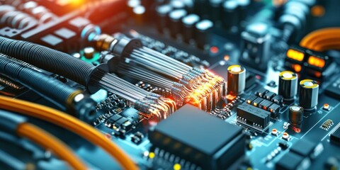 A collection of fiber optic connectors attached to a control box in a clean, technical setting, symbolizing professional electronics and communications.