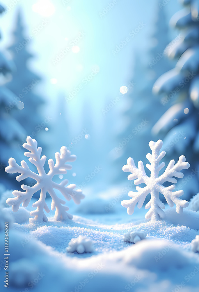 Wall mural Two white snowflakes on a snowy ground in a serene winter forest setting