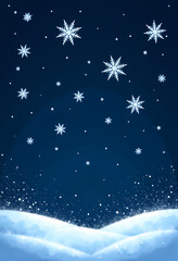 Winter snowfall with white snowflakes and a snowy landscape on a dark blue background