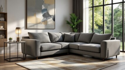 Obraz premium Modern Living Room with Gray Sectional Sofa and Natural Light