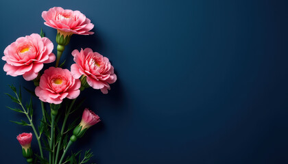Obraz premium A rich dark blue background showcasing beautiful Carnations, ideal for elegant messages and joyful occasions.