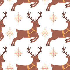 Seamless pattern with jumping reindeer in harness and snowflakes on white background. Winter holiday print. Christmas and New Year. Vector flat illustration for wallpaper, textile, packaging