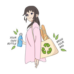 Vector Illustration of Anime Style Zero Waste Concept with Transparent Background, Featuring a Girl with Reusable Bag and Bottle.