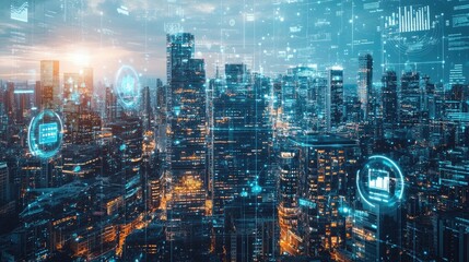 Obraz premium A futuristic cityscape at night, illuminated with glowing digital data streams and icons overlayed on the buildings. The image evokes a sense of technological advancement and connectivity.