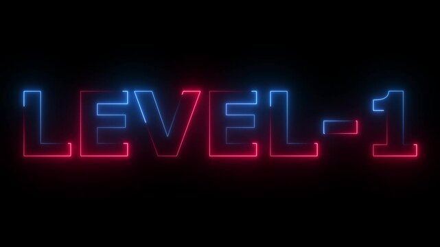 Glowing level-1 text with glitch effects animation. game concept next level icon isolated on a black background video 4k.