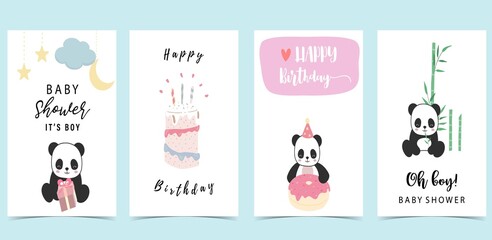 Baby shower invitation card for boy with panda, cake,bamboo, sky