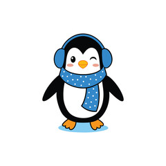 Cute Penguin in Earmuffs and Scarf, Winter Cartoon Vector
