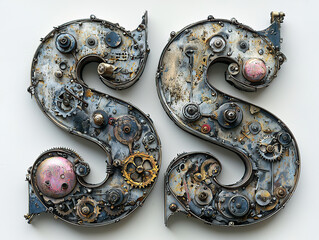 Fototapeta premium steampunk font, letters, alphabet, vintage, mechanical, gears, cogwheels, brass, metal, industrial, Victorian, retro, futuristic, ornate, typography, rusty, clockwork, pipes, rivets, engraved, distres