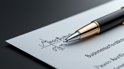 Close-up of a sleek pen resting on a signed business contract, symbolizing agreement and professionalism in a corporate setting, with a focus on elegant design and precision.