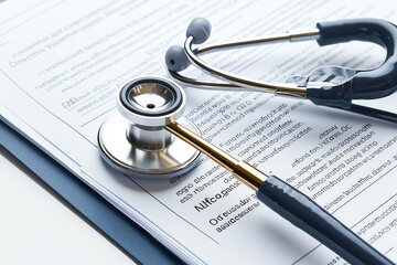A close-up of a stethoscope resting on a medical document, symbolizing healthcare, diagnosis, and the medical profession. Ideal for health-related themes.