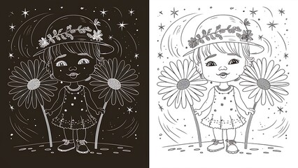 Fototapeta premium Two backgrounds with a fictional girl and a flower on a white background. The made-up girl's face and the daisy, drawn in a solid line.