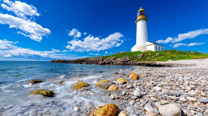 a photostock of a single lighthouse on a rocky coastline with waves crashing softly, timeless scenery 2025