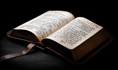 Obraz premium An ancient, open book with handwritten text, illuminated by soft light, lies on a dark surface