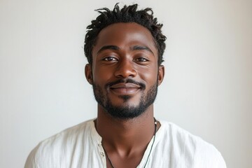Obraz premium confident african man in stylish attire, showcasing a bright smile against a pristine white background, radiating charisma and approachability