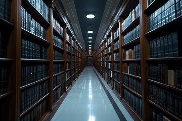 A dimly lit library aisle with towering bookshelves filled with volumes, creating a sense of endless knowledge and exploration. The polished floor reflects soft ambient light.