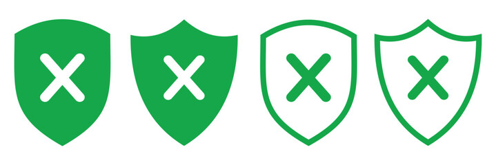 Obraz premium Shield with checkmark and x cross mark. Red and green shields symbol vector. Shield Green and Red Safe and Unsafe Security Icon Set with Checkmark and X Cross Signs. Vector Image.