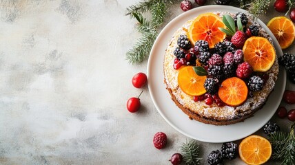 Festive fruitcake topped with citrus slices and berries on plate, surrounded by winter greenery