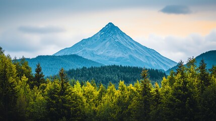 Fototapeta premium Stunning mountain landscape with lush green forest and dramatic peak under cloudy sky. Perfect for nature and travel themes.