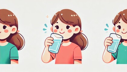 Girl drinking water in three steps, playful cartoon style