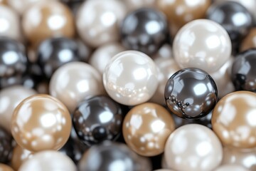 A collection of glossy spheres in shades of black, white, and beige creates a captivating abstract design with ample copy space. Generative AI