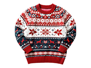 Knitted Sweater With Snowflake and Geometric Patterns in Red, White, Dark Green - Transparent PNG Stock Image for Winter Fashion, Christmas, and Holiday Sweater Designs