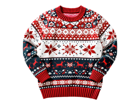Knitted Sweater With Snowflake and Geometric Patterns in Red, White, Dark Green - Transparent PNG Stock Image for Winter Fashion, Christmas, and Holiday Sweater Designs