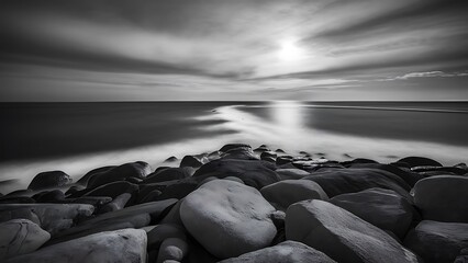 Obraz premium Black & White daytime long exposure seascape scene with stones and water