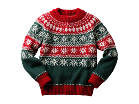 Knitted Sweater With Snowflake and Geometric Patterns in Red, White, Dark Green - Transparent PNG Stock Image for Winter Fashion, Christmas, and Holiday Sweater Designs