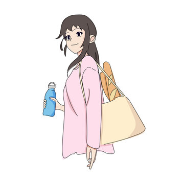 Vector Illustration of an Eco-Friendly Girl with a Reusable Bag and Bottle on Transparent Background in Cartoon Style