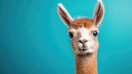 Obraz premium Llama facing forward with turquoise backdrop