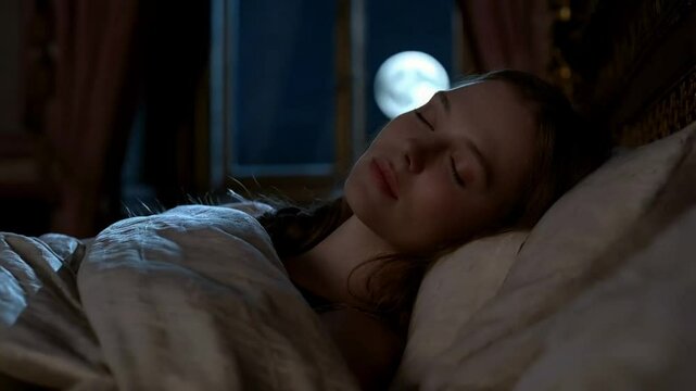 A woman peacefully sleeping in bed with soft moonlight streaming through the window, creating a tranquil nighttime ambiance.