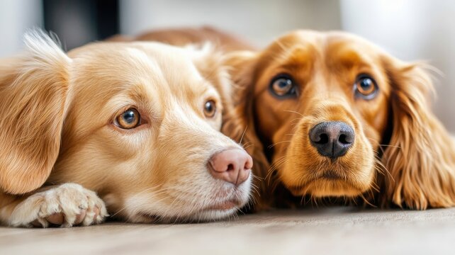 Two light brown dogs with floppy ears lying close together, staring intently