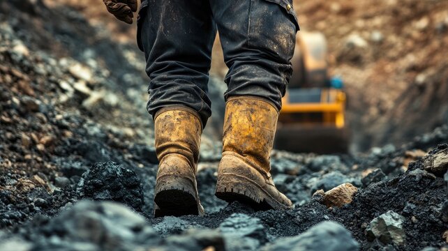 Person walking in muddy rugged terrain, wearing worn-out boots