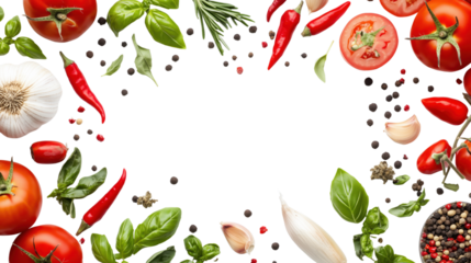 Fresh Vegetables, Spices & Herbs PNG: Tomatoes, Garlic, Chili Peppers, Basil, Rosemary & Peppercorns Transparent Image Stock Photo, copy space