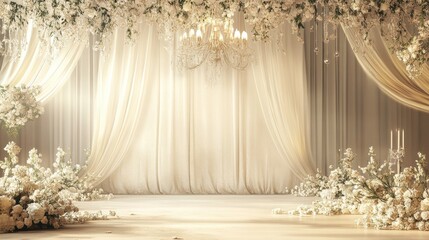 Elegant wedding ceremony backdrop with floral arrangements and drapes.