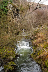 Obraz premium Scenic natural stream running through tureni gorges in cluj county, romania, surrounded by bare trees and rocks
