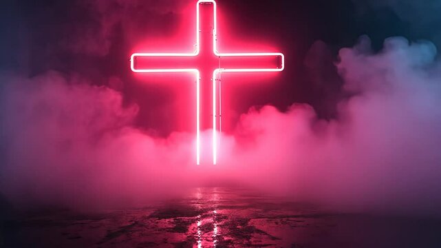 Neon pink cross with smoky background