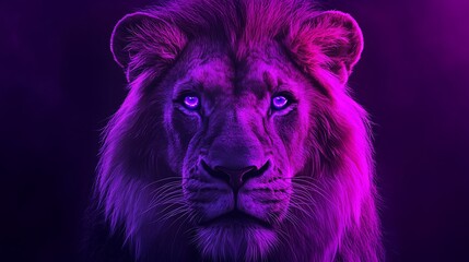 Realistic lion face shining with brilliant neon lights purple canvas