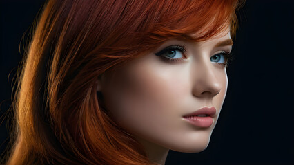 Naklejka premium Close-up portrait of a beautiful redhead girl on a black background