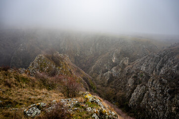 Tureni gorges shrouded in fog creating a mysterious and evocative atmosphere in cluj county, romania
