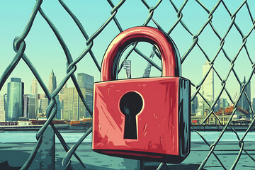 A large red padlock hangs on a chain-link fence with a city skyline in the background.
