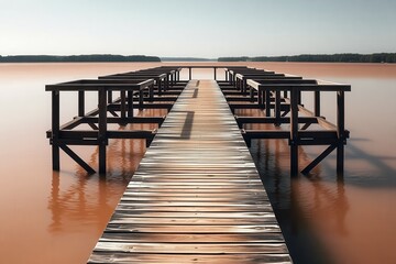 Obraz premium wooden dock in lake with blue sky