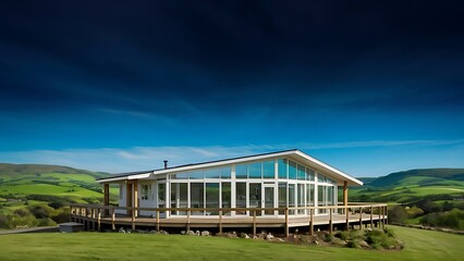 Fototapeta premium Modern glass house with wooden porch near green hills under blue sky in scenic countryside