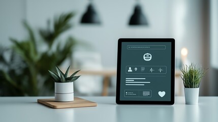Fototapeta premium Modern tablet displaying a user interface with plants in a stylish workspace, perfect for technology and lifestyle themes.
