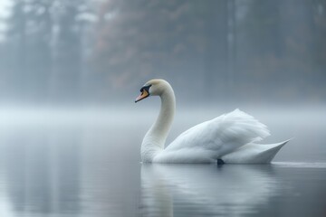 Fototapeta premium elegant swan gliding through a serene lake surrounded by soft, swirling fog on a chilly winter morning, creating an ethereal, tranquil atmosphere