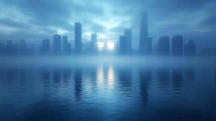 Obraz premium Misty Metropolis: A City Skyline Reflected in Still Water