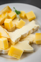 Cheese plate French cheeses fresh tasty food dish delicious gourmet food background on the table rustic food top view copy space