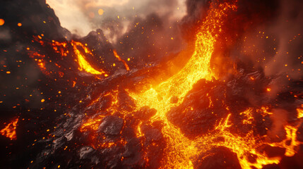 Molten lava spews from the crater during an intense volcanic eruption in a remote landscape under a stormy sky at dusk