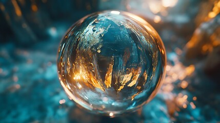 Crystal sphere reflecting a fiery, teal landscape.
