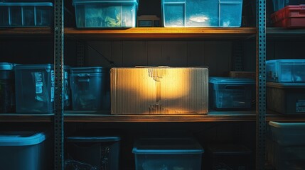 Obraz premium Cardboard box placed on industrial metal shelves surrounded by plastic containers and jars, creating a minimalist and organized storage setup